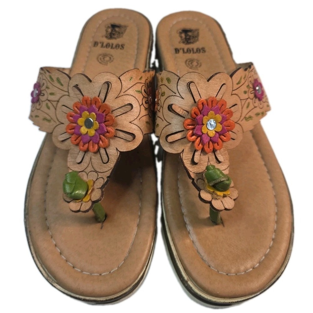 D'Lolos Mexican Artisanal Leather Floral Wedge Sandals Huarache Slides Women 9